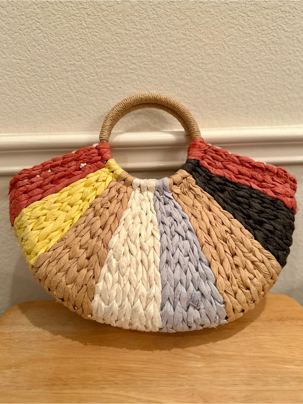 Woven Multicolor Straw Tote Bag with Round Handles